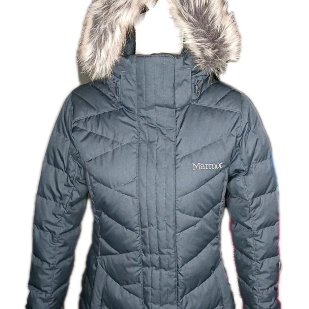 Marmot Varma Down Puffer Jacket Quilted with Faux Fur Trim 700 Fill Size S